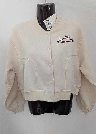 Бомбер zara зара для девочки,164,13,14,оверсайз,белая,хлопок,кофта,флис,тролютнитка,спортивная, свитшот,флиска,девушки, широка, освободная, кнопки,манжет