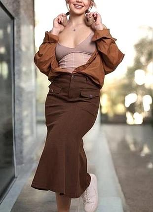 Жіноча джинсова міді спідниця гаде кльош розкльошена коричнева beauty dress