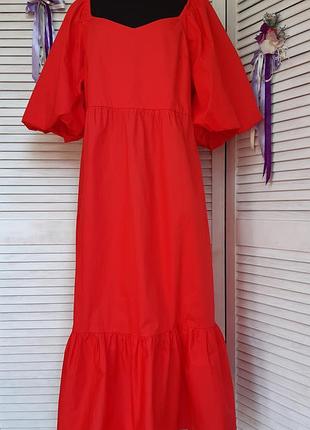 Натуральное, красное платье миди с объемными рукавами фонариками primark