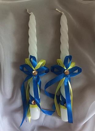 Свадебные свечи с желто-синими бантиками, пар (2 шт)