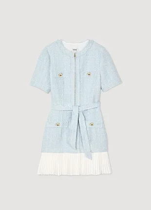 Короткое твидовое голубое платье sandro новая коллекция на поясе пуговицы молния белые оборки