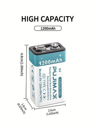 Акумулятор крона 6f22 9в 1200 mah li-ion, заряд через usb type-c