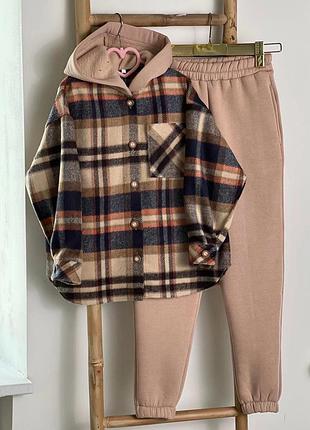 Детский теплый костюм депла рубашка и теплые спортивные штаны рубашка в клетку с капюшоном