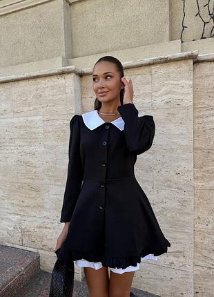 Жіноча сукня міні з шортами з коміром з довгим рукавом чорна костюмка 462