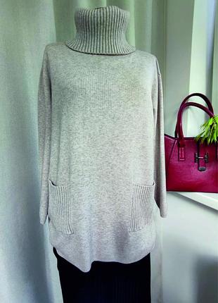 Свитер женский с карманами и высокой горловиной, бежевый цвет, размер 46, состав 42% вискоза, 30% полиамид, 28% модал