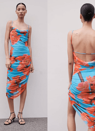 Платье миди асимметричное в сетку на бретелях цветочный принт со сборками