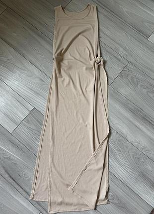 Туника накидка рубчик беж с разрезами миди майка удлиненная