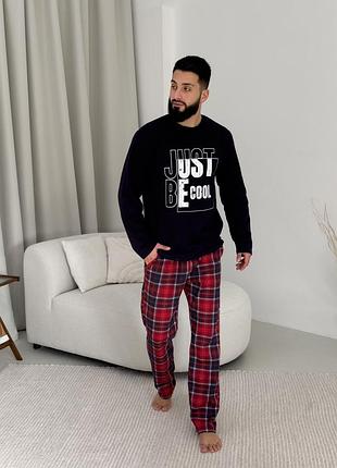 Піжама чоловіча тепла just be cool (штани+лонгслів), клітина червоно-синя чоловічий комплект