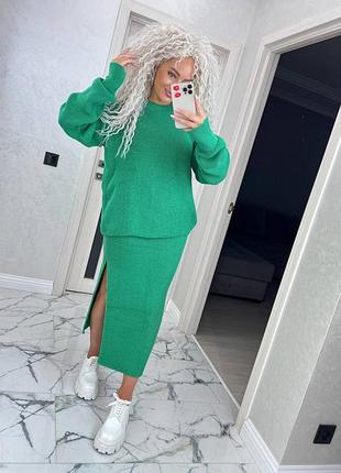 Костюм женский вязаный свитер и юбка с разрезом юбка с разрезом мятный зеленый полушерсть 42-54 г
