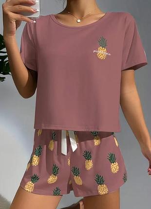 Красива жіноча  піжама з ананасами,  жіноча піжама : футболка та шорти, рожева жіноча  піжама ананас