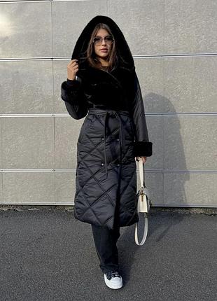 Пуховик длинный чёрный с мехом   xl