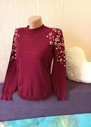 Красивый джемпер тонкая кофточка с декором цветы тонкий свитер реглан лонгслив