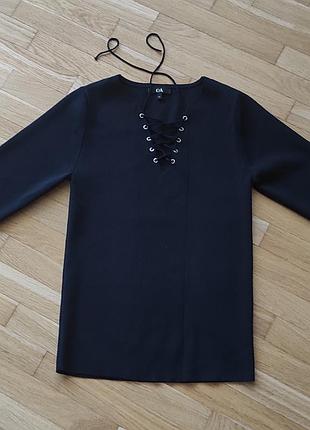 Кофта футболка блуза c&amp;a темно-синяя, размер s, xs на шнуровке
