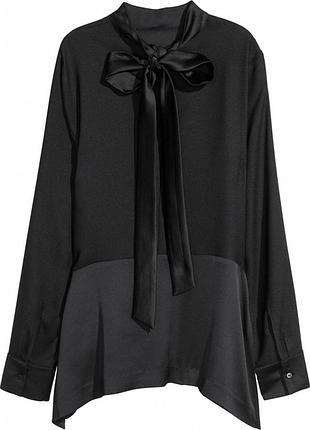 Блуза 46 черная жоржет атлас бант блузка сорочка длинный рукав нарядная с бантом высокая горловина h&m