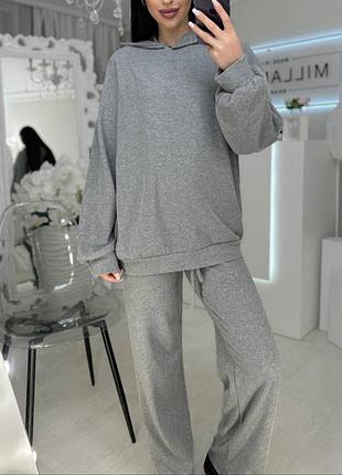 Распродажа 🏷 утепленный прогулочный костюм оверсайз удлиненный худи и штаны палаццо в рубчик