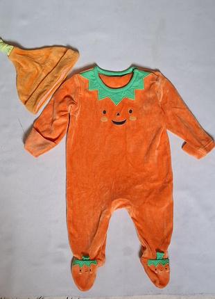 Чоловічок велюровий карнавальний гарбуз із шапочкою хелловін на 3-6 міс (68 см)