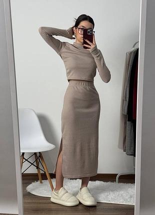 Жіночий класичний повсякденний костюм двійка міді юбка спідниця та укорочена кофта тканина турецька ангора мустанг