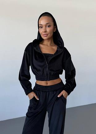 Костюм женский велюровый тройка | спортивный стиль, топ, брюки, кофта с капюшоном