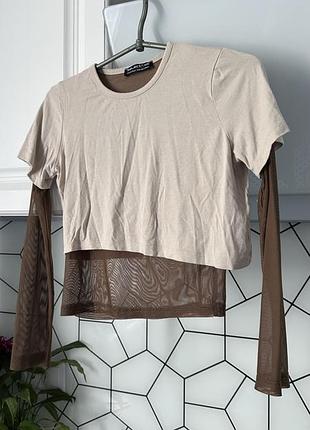 Футболка з сіточкою, подвійна футболка, бежева футболка з сіточкою