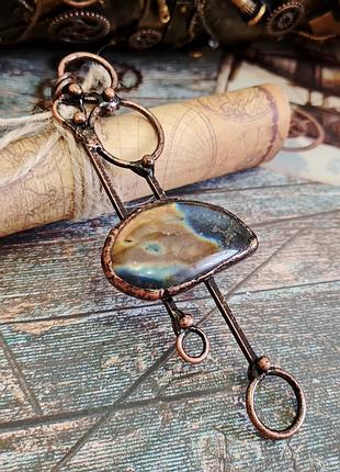🔺⚜️🤎💙великий мідний кулон на ланцюжку в стилі бохо натуральний камінь лабрадор