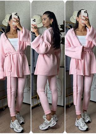 Женский теплый костюм ангора удлиненный кардиган оверсайз с поясом и леггинсы с высокой посадкой на осень розовый барби для прогулок