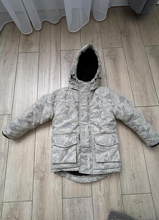 Тепла зимова подовжена куртка для хлопчика з динозаврами та капюшоном