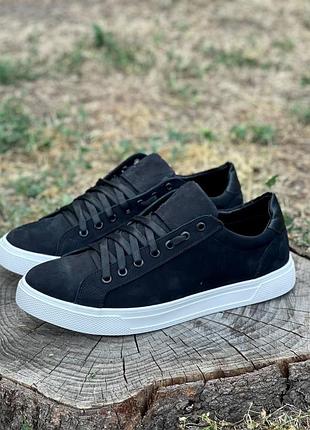 Мужские базовые кеды черные на белой подошве, натуральный нубук 6/1