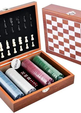 Игровой набор шахматы, покерные фишки, кости. деревянная коробка (№2518c)