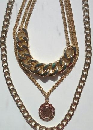 Три крупные массивные цепи колье ожерелье с монеткой серебристое золотистое новое6 фото