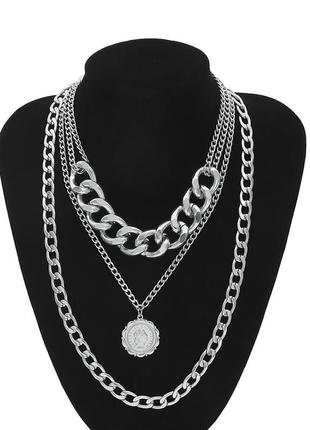 Три крупные массивные цепи колье ожерелье с монеткой серебристое золотистое