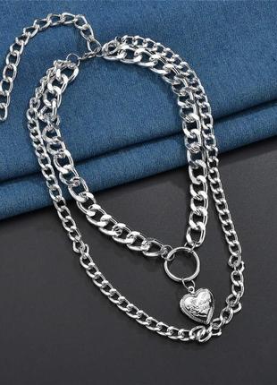 Великі масивні ланцюги кольє намисто чокер два ланцюжка з кулоном серце золото срібло