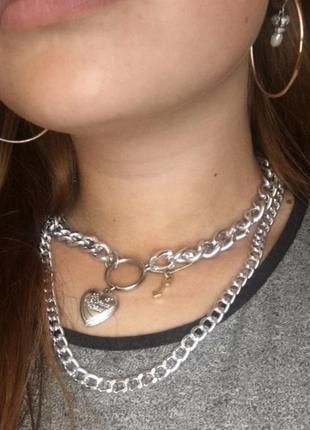 Крупные массивные цепи колье ожерелье чокер две цепочки с кулоном сердце  золото серебро4 фото