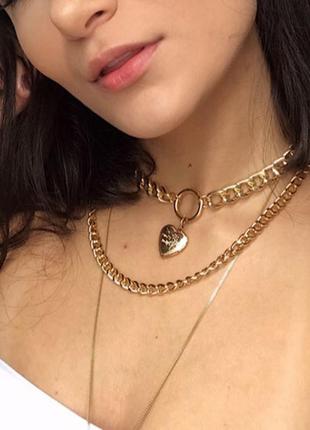 Крупные цепи колье ожерелье две цепочки с кулоном сердце   серебро золото1 фото