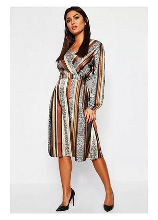 Шелковое платье леопардовое миди платье с длинным рукавом полосатое платье женское нарядное