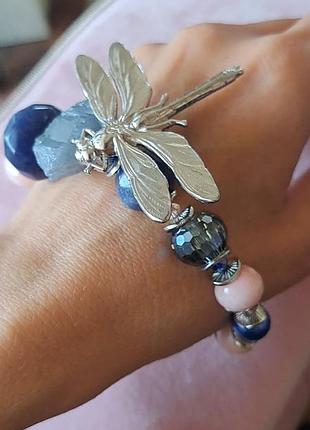 Браслет авторский из натуральных камней ручной работы натуральный сапфир морганит кварц