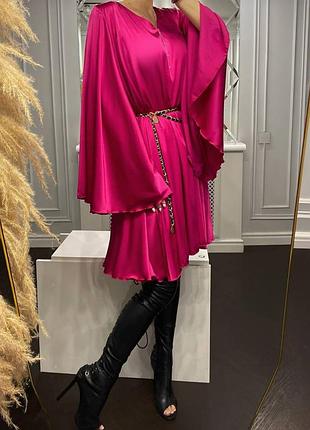 Распродажа 🏷 праздничное платье-платье оверсайз двойное с рукавами клеш широкими фуксия малина