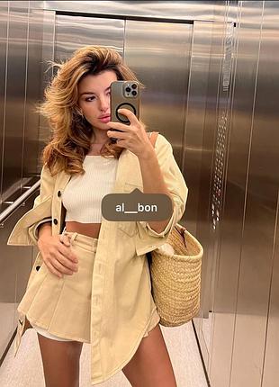 Джинсовая куртка-рубашка оверсайз светло-бежевая от al bon