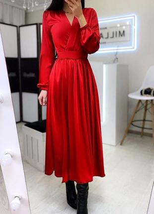 Распродажа 🏷 праздничное платье-миди под пояс с рукавами фонариками и разрезом