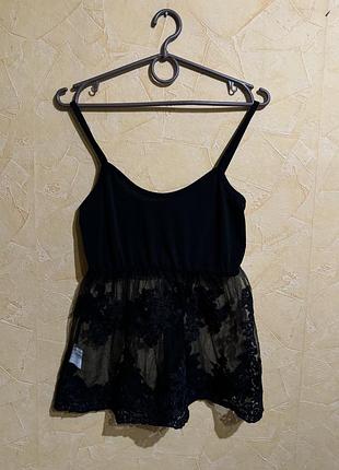 Жіноча чорна майка з гепюром прозорим низом топ жіночий