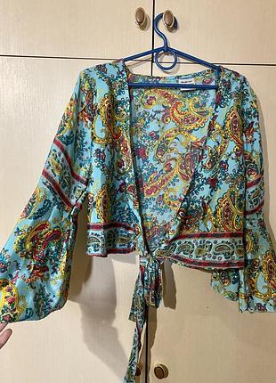 Блуза кімоно на запах широкі рукави кльош бохо вінтажна  шовк silk 80% натуральна індія з напиленням золота