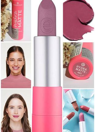 Лилова рожева зволожувальна помада з матовим ефектом ессенс essence hydra matte lipstick матова 401 mauve-ment