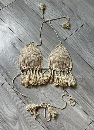 Топ вʼязаний ліф беж з бахромою пляжний на завʼязках