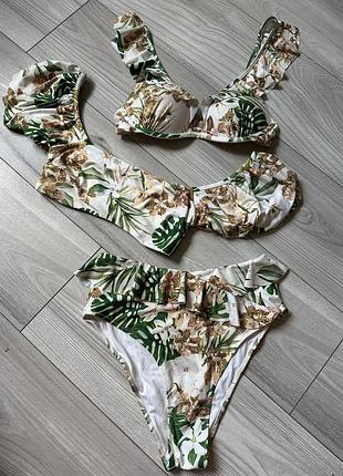 Купальник трійка тропічний принт з топом роздільний