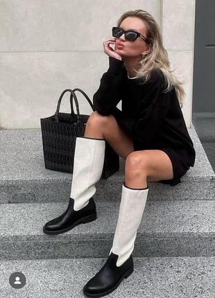 Чоботи з натуральної шкіри, вставка з льону