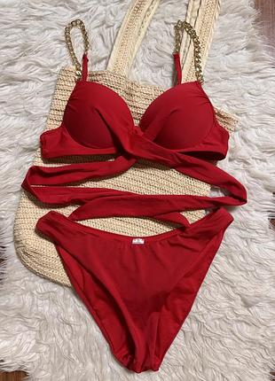 Червоний купальник з золотистим ланцюжком верх та низ ❤️ рр с
