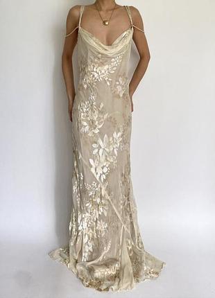 Платье сукня шовк шелк шёлковое винтаж monsoon   шовкове свадебное платье весільна сукня бежева беж з квітами вечірня сукня