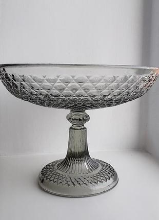 Большая ваза фруктовница, конфетница, серое стекло, винтаж, антиквариат.