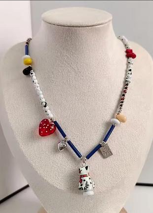 Колье бохо ожерелье керамика бусы бисер цепочка на шею цепочка кулон собачка сердце камень