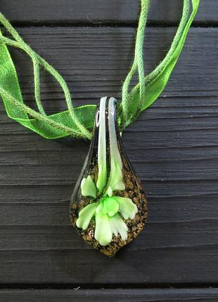 Стеклянная подвеска🔹кулон в форме капли, из муранского стекла с изображением цветка