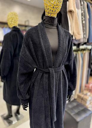 Жіночий довгий кардиган на запах з поясом | альпака | чорний